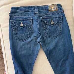 True Religion Women’s Dark Blue Skinny Jeans with Signature Pocket Stitching